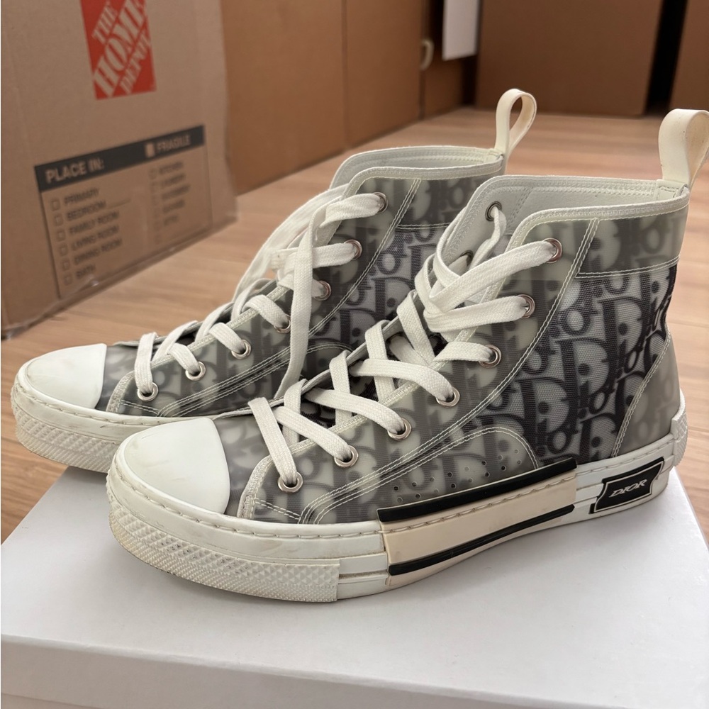 Dior Gray and White Oblique Canvas High-Top Sneakers